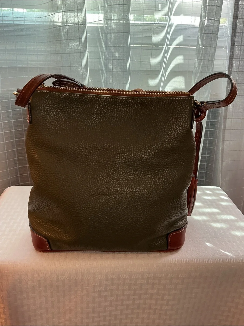 Dooney & Burke Olive Green Pebbled Leather Tassel Crossbody/Shoulder Bag